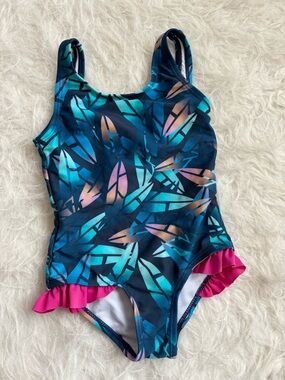 Ingear Toddler Girls' Navy Tropical Leaf One-Piece Swimsuit with Pink Ruffle